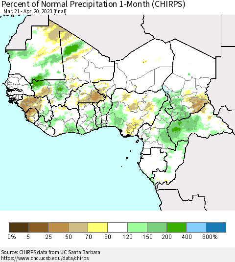 Western Africa Percent of Normal Precipitation 1-Month (CHIRPS) Thematic Map For 3/21/2023 - 4/20/2023