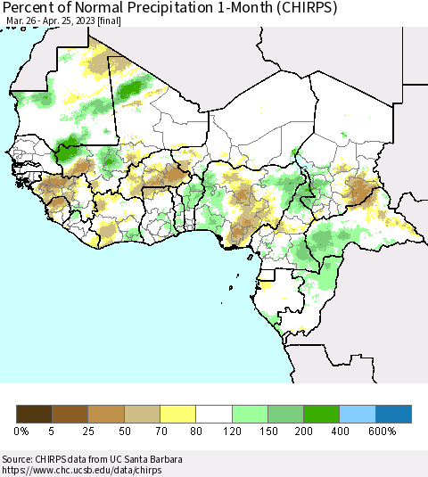 Western Africa Percent of Normal Precipitation 1-Month (CHIRPS) Thematic Map For 3/26/2023 - 4/25/2023
