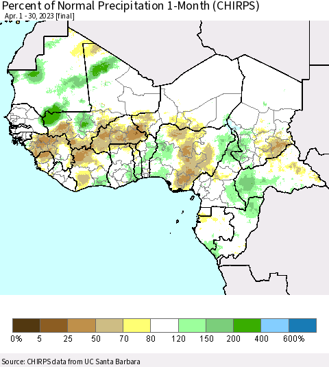 Western Africa Percent of Normal Precipitation 1-Month (CHIRPS) Thematic Map For 4/1/2023 - 4/30/2023