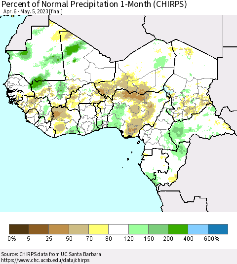 Western Africa Percent of Normal Precipitation 1-Month (CHIRPS) Thematic Map For 4/6/2023 - 5/5/2023