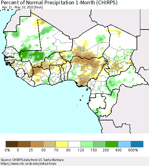 Western Africa Percent of Normal Precipitation 1-Month (CHIRPS) Thematic Map For 4/11/2023 - 5/10/2023