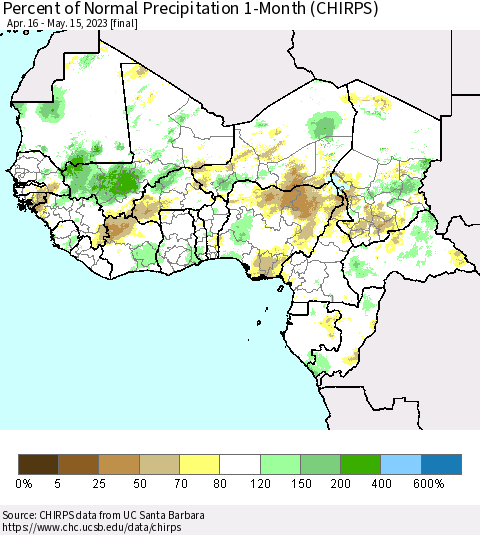 Western Africa Percent of Normal Precipitation 1-Month (CHIRPS) Thematic Map For 4/16/2023 - 5/15/2023