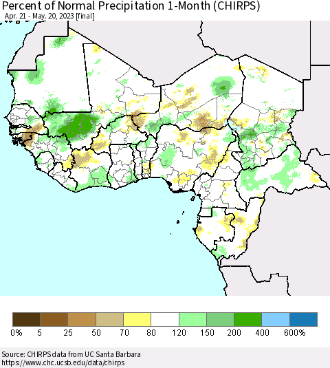 Western Africa Percent of Normal Precipitation 1-Month (CHIRPS) Thematic Map For 4/21/2023 - 5/20/2023