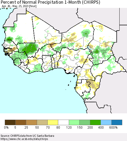 Western Africa Percent of Normal Precipitation 1-Month (CHIRPS) Thematic Map For 4/26/2023 - 5/25/2023