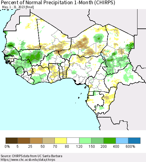 Western Africa Percent of Normal Precipitation 1-Month (CHIRPS) Thematic Map For 5/1/2023 - 5/31/2023