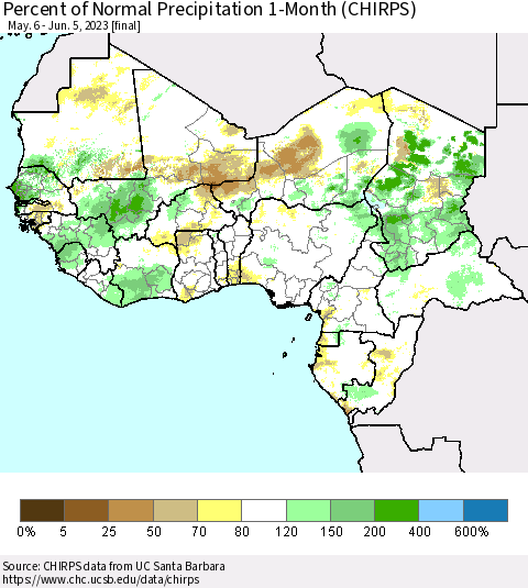 Western Africa Percent of Normal Precipitation 1-Month (CHIRPS) Thematic Map For 5/6/2023 - 6/5/2023