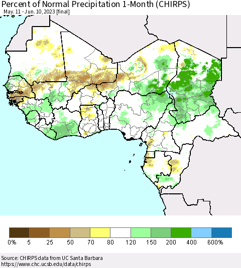 Western Africa Percent of Normal Precipitation 1-Month (CHIRPS) Thematic Map For 5/11/2023 - 6/10/2023