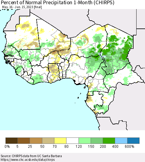 Western Africa Percent of Normal Precipitation 1-Month (CHIRPS) Thematic Map For 5/16/2023 - 6/15/2023