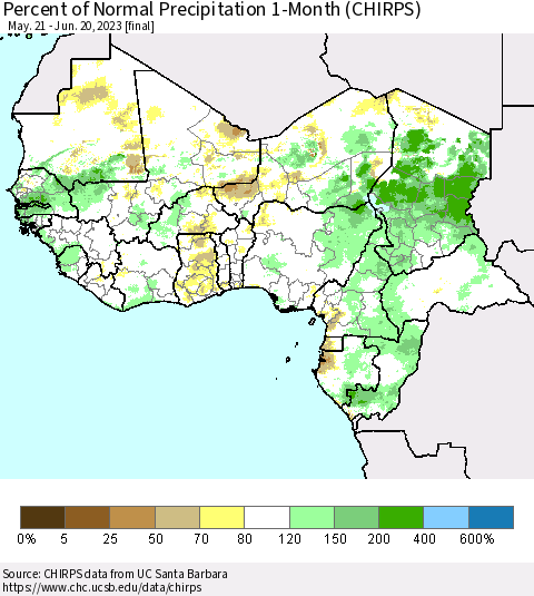 Western Africa Percent of Normal Precipitation 1-Month (CHIRPS) Thematic Map For 5/21/2023 - 6/20/2023