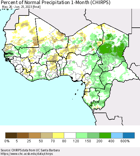 Western Africa Percent of Normal Precipitation 1-Month (CHIRPS) Thematic Map For 5/26/2023 - 6/25/2023