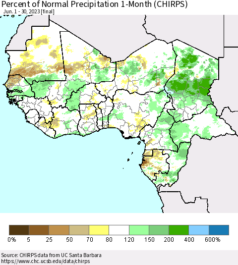 Western Africa Percent of Normal Precipitation 1-Month (CHIRPS) Thematic Map For 6/1/2023 - 6/30/2023