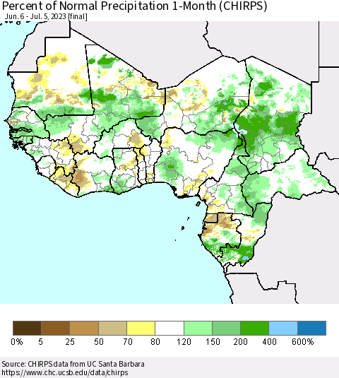 Western Africa Percent of Normal Precipitation 1-Month (CHIRPS) Thematic Map For 6/6/2023 - 7/5/2023