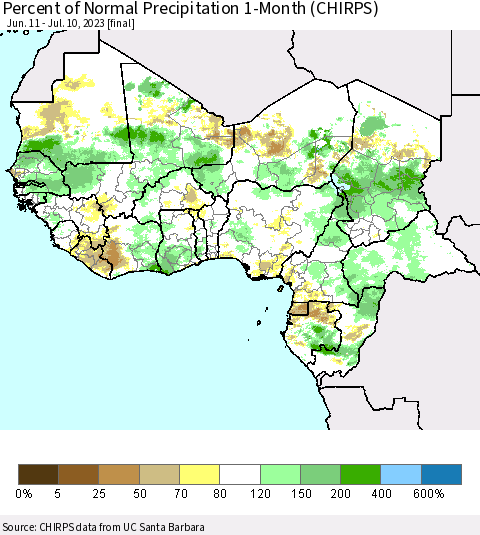Western Africa Percent of Normal Precipitation 1-Month (CHIRPS) Thematic Map For 6/11/2023 - 7/10/2023