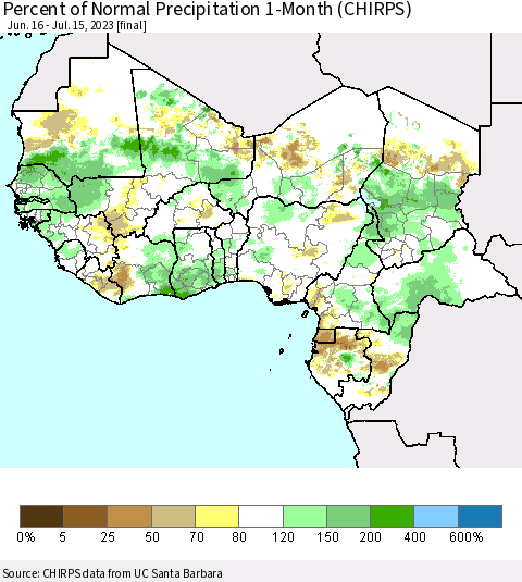 Western Africa Percent of Normal Precipitation 1-Month (CHIRPS) Thematic Map For 6/16/2023 - 7/15/2023