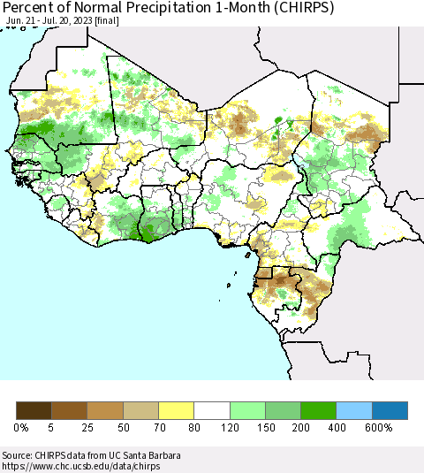 Western Africa Percent of Normal Precipitation 1-Month (CHIRPS) Thematic Map For 6/21/2023 - 7/20/2023