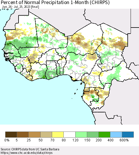 Western Africa Percent of Normal Precipitation 1-Month (CHIRPS) Thematic Map For 6/26/2023 - 7/25/2023