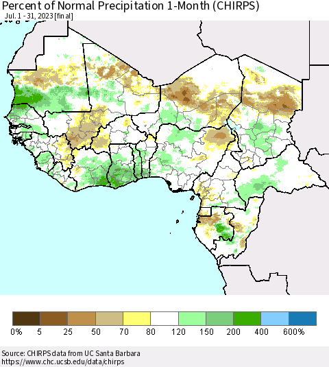 Western Africa Percent of Normal Precipitation 1-Month (CHIRPS) Thematic Map For 7/1/2023 - 7/31/2023
