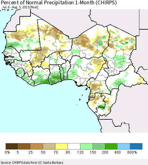 Western Africa Percent of Normal Precipitation 1-Month (CHIRPS) Thematic Map For 7/6/2023 - 8/5/2023