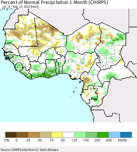 Western Africa Percent of Normal Precipitation 1-Month (CHIRPS) Thematic Map For 7/11/2023 - 8/10/2023