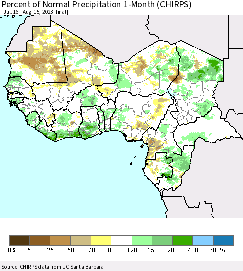 Western Africa Percent of Normal Precipitation 1-Month (CHIRPS) Thematic Map For 7/16/2023 - 8/15/2023