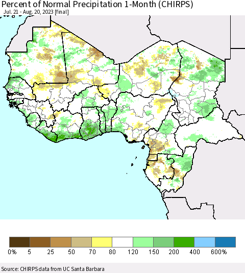 Western Africa Percent of Normal Precipitation 1-Month (CHIRPS) Thematic Map For 7/21/2023 - 8/20/2023