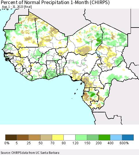 Western Africa Percent of Normal Precipitation 1-Month (CHIRPS) Thematic Map For 8/1/2023 - 8/31/2023
