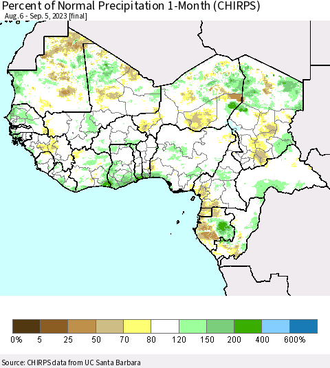 Western Africa Percent of Normal Precipitation 1-Month (CHIRPS) Thematic Map For 8/6/2023 - 9/5/2023