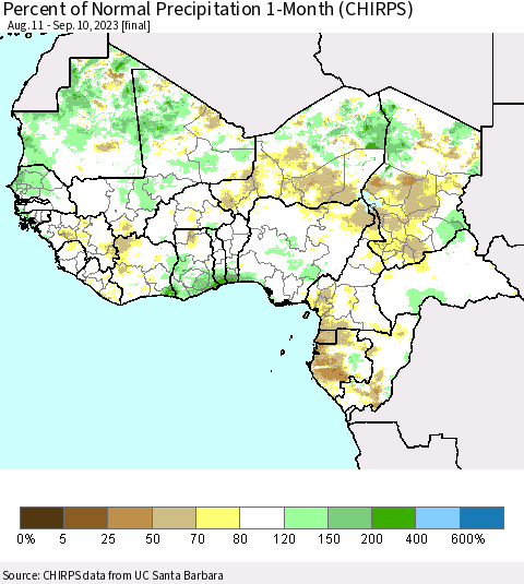 Western Africa Percent of Normal Precipitation 1-Month (CHIRPS) Thematic Map For 8/11/2023 - 9/10/2023