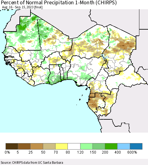 Western Africa Percent of Normal Precipitation 1-Month (CHIRPS) Thematic Map For 8/16/2023 - 9/15/2023