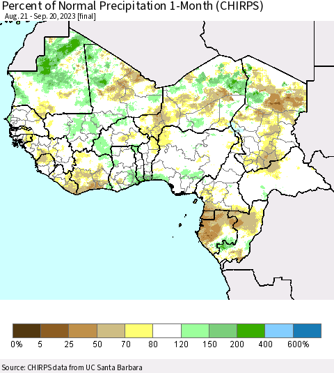 Western Africa Percent of Normal Precipitation 1-Month (CHIRPS) Thematic Map For 8/21/2023 - 9/20/2023