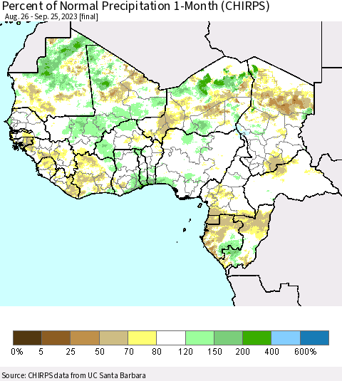 Western Africa Percent of Normal Precipitation 1-Month (CHIRPS) Thematic Map For 8/26/2023 - 9/25/2023