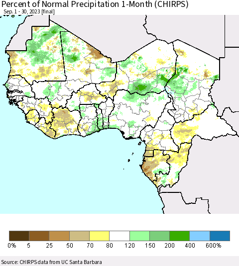 Western Africa Percent of Normal Precipitation 1-Month (CHIRPS) Thematic Map For 9/1/2023 - 9/30/2023