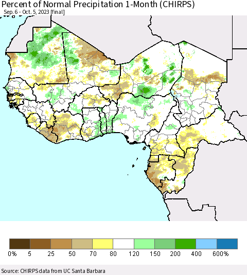 Western Africa Percent of Normal Precipitation 1-Month (CHIRPS) Thematic Map For 9/6/2023 - 10/5/2023