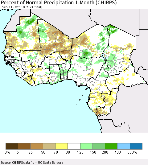 Western Africa Percent of Normal Precipitation 1-Month (CHIRPS) Thematic Map For 9/11/2023 - 10/10/2023