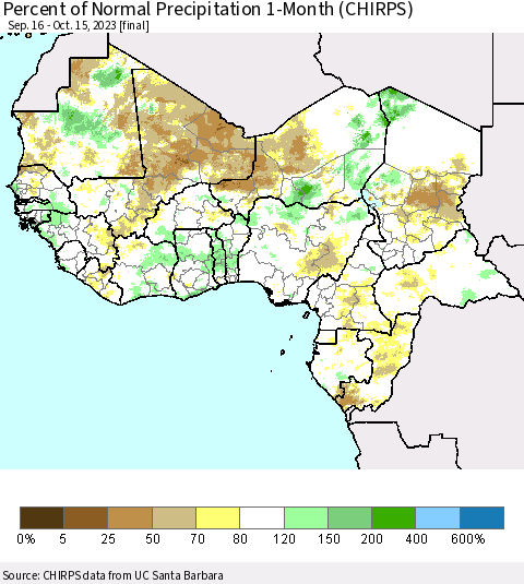 Western Africa Percent of Normal Precipitation 1-Month (CHIRPS) Thematic Map For 9/16/2023 - 10/15/2023