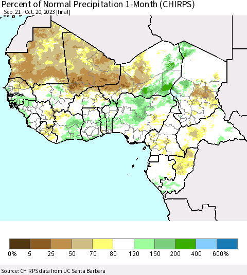 Western Africa Percent of Normal Precipitation 1-Month (CHIRPS) Thematic Map For 9/21/2023 - 10/20/2023