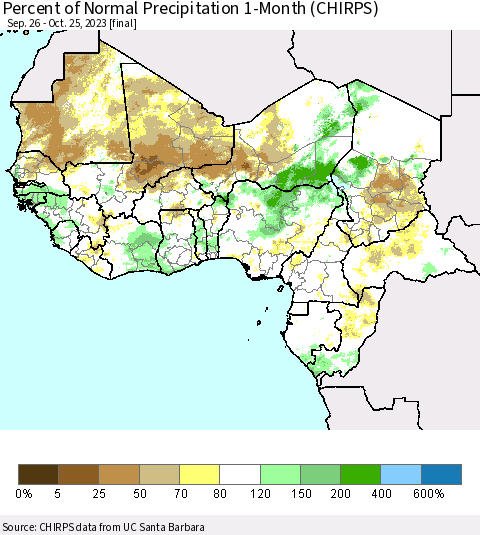 Western Africa Percent of Normal Precipitation 1-Month (CHIRPS) Thematic Map For 9/26/2023 - 10/25/2023