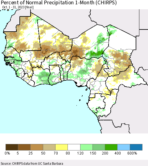 Western Africa Percent of Normal Precipitation 1-Month (CHIRPS) Thematic Map For 10/1/2023 - 10/31/2023
