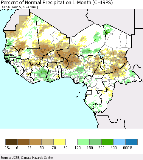 Western Africa Percent of Normal Precipitation 1-Month (CHIRPS) Thematic Map For 10/6/2023 - 11/5/2023