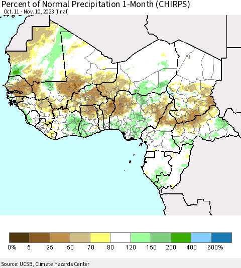 Western Africa Percent of Normal Precipitation 1-Month (CHIRPS) Thematic Map For 10/11/2023 - 11/10/2023