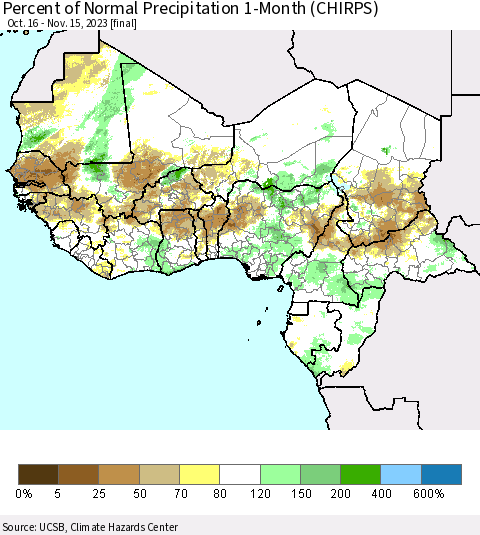 Western Africa Percent of Normal Precipitation 1-Month (CHIRPS) Thematic Map For 10/16/2023 - 11/15/2023