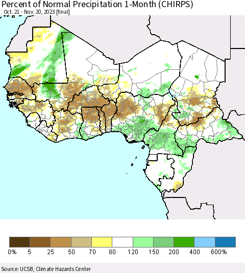 Western Africa Percent of Normal Precipitation 1-Month (CHIRPS) Thematic Map For 10/21/2023 - 11/20/2023