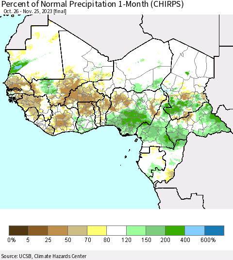 Western Africa Percent of Normal Precipitation 1-Month (CHIRPS) Thematic Map For 10/26/2023 - 11/25/2023