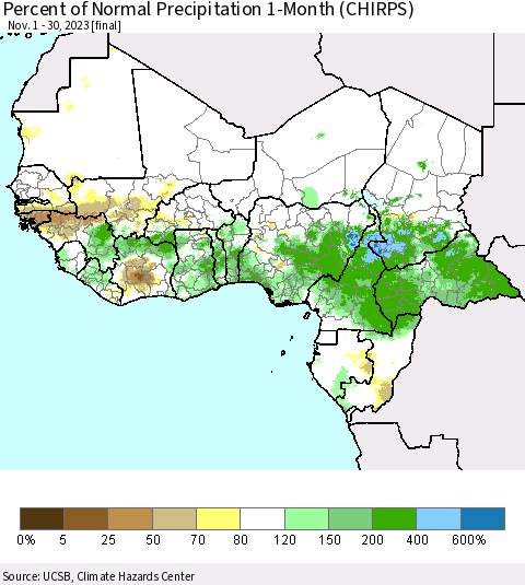 Western Africa Percent of Normal Precipitation 1-Month (CHIRPS) Thematic Map For 11/1/2023 - 11/30/2023