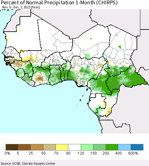 Western Africa Percent of Normal Precipitation 1-Month (CHIRPS) Thematic Map For 11/6/2023 - 12/5/2023