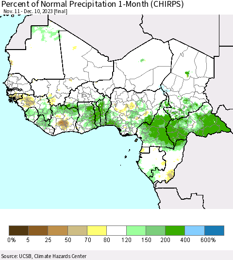 Western Africa Percent of Normal Precipitation 1-Month (CHIRPS) Thematic Map For 11/11/2023 - 12/10/2023