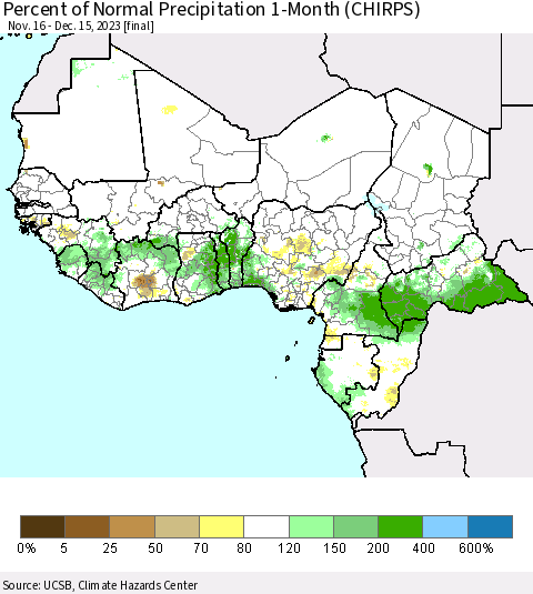 Western Africa Percent of Normal Precipitation 1-Month (CHIRPS) Thematic Map For 11/16/2023 - 12/15/2023