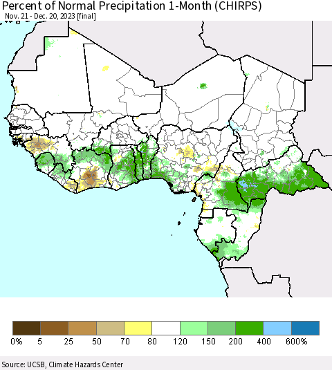 Western Africa Percent of Normal Precipitation 1-Month (CHIRPS) Thematic Map For 11/21/2023 - 12/20/2023
