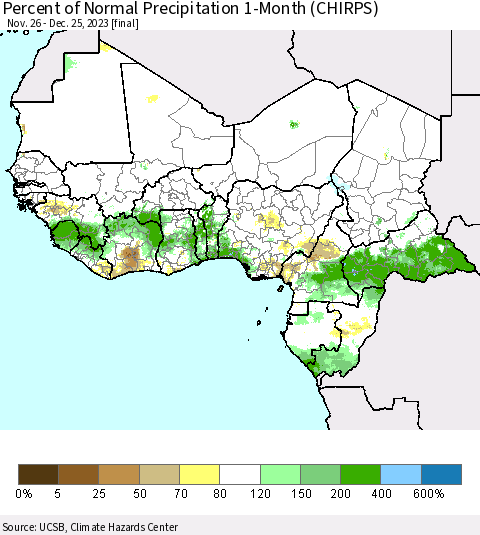 Western Africa Percent of Normal Precipitation 1-Month (CHIRPS) Thematic Map For 11/26/2023 - 12/25/2023