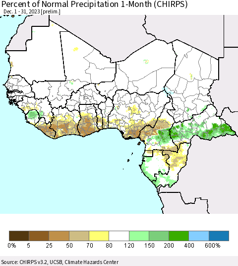 Western Africa Percent of Normal Precipitation 1-Month (CHIRPS) Thematic Map For 12/1/2023 - 12/31/2023